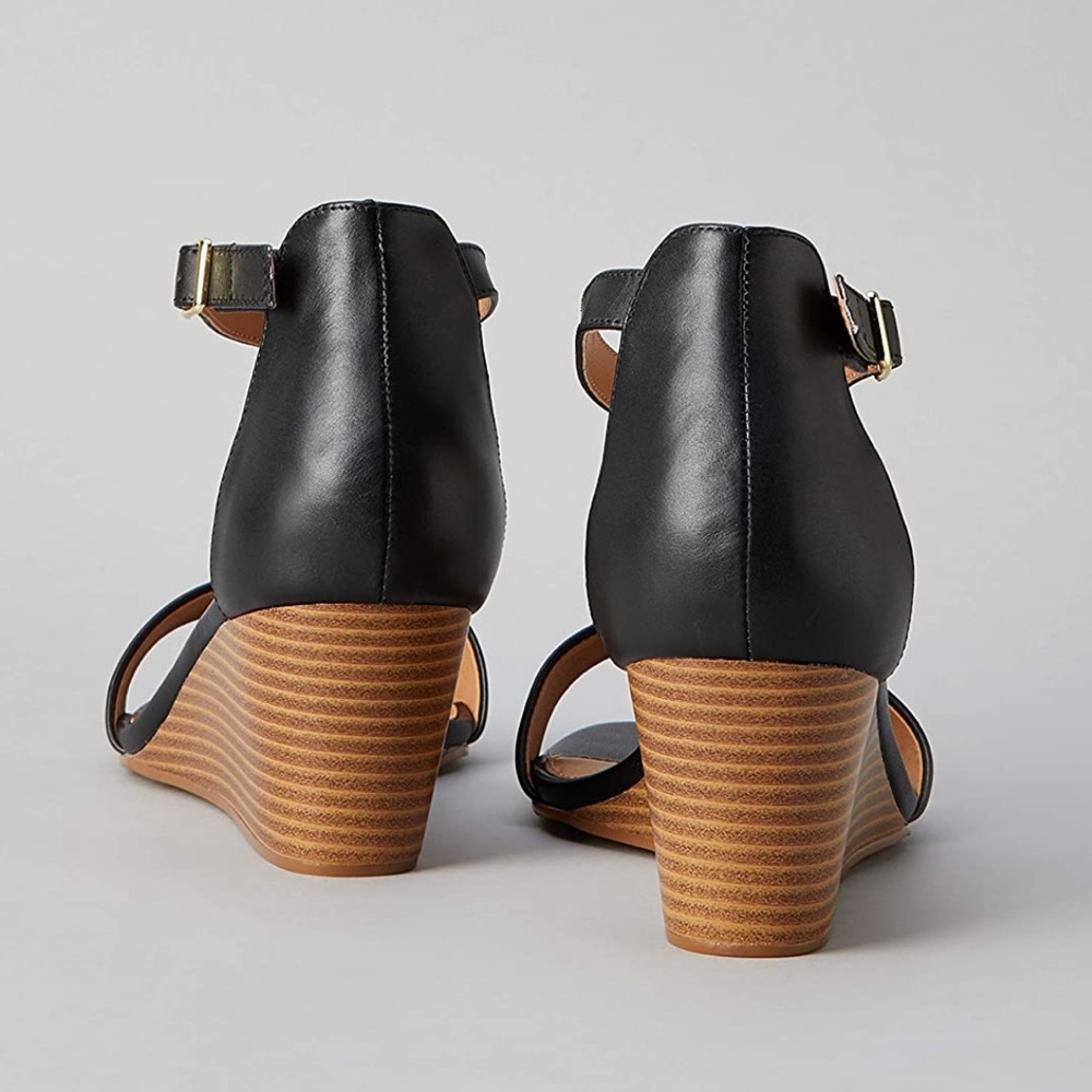 Black Summer Leather Kitten Heel Wedge Sandal - Picture 7 of 13